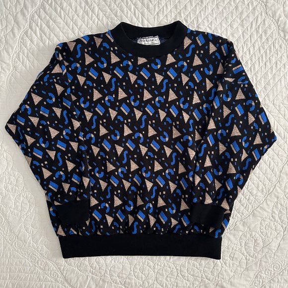 Vintage 80s 90s Jeric Knitwear Sweater Geometric Graphic Print Shimmer - Picture 2 of 9